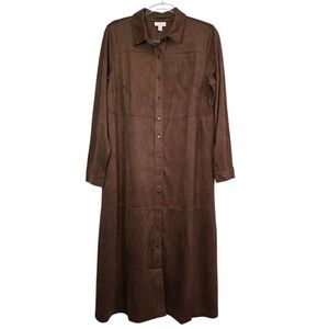 J. Jill Women's L Faux Suede Button Front Long Shirt Dress Mahogany Brown NWT